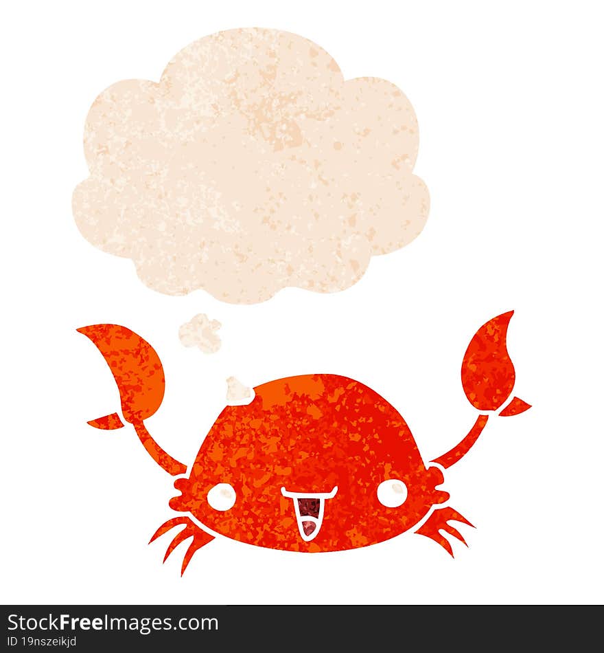 cartoon crab and thought bubble in retro textured style