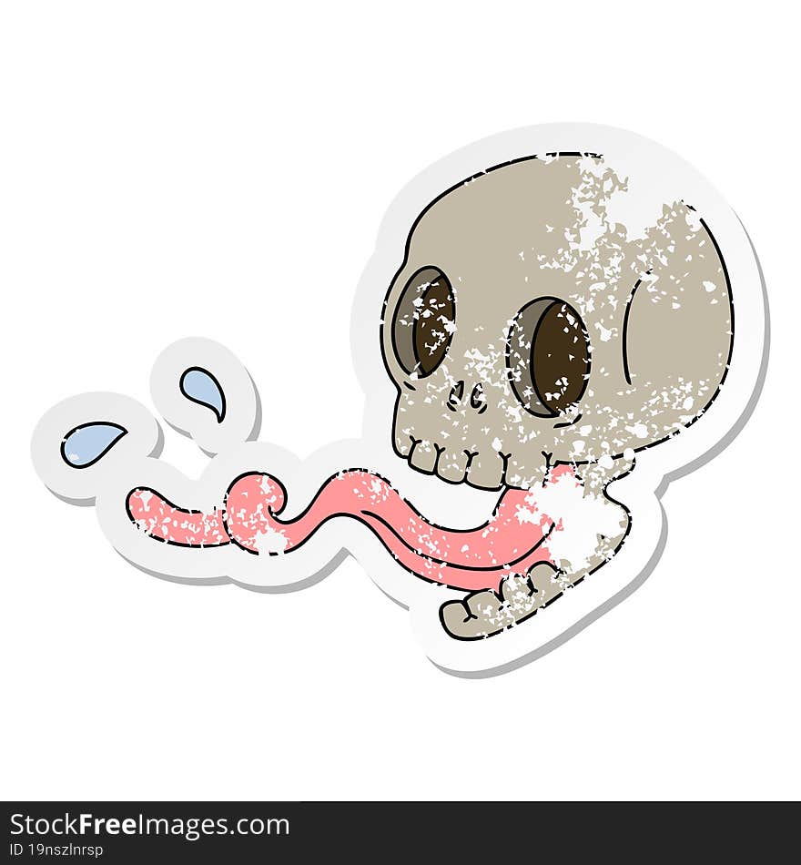 distressed sticker of a quirky hand drawn cartoon skull with tongue