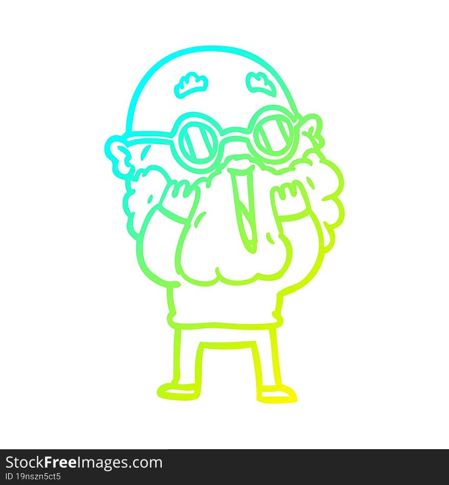 cold gradient line drawing of a cartoon amazed man with beard