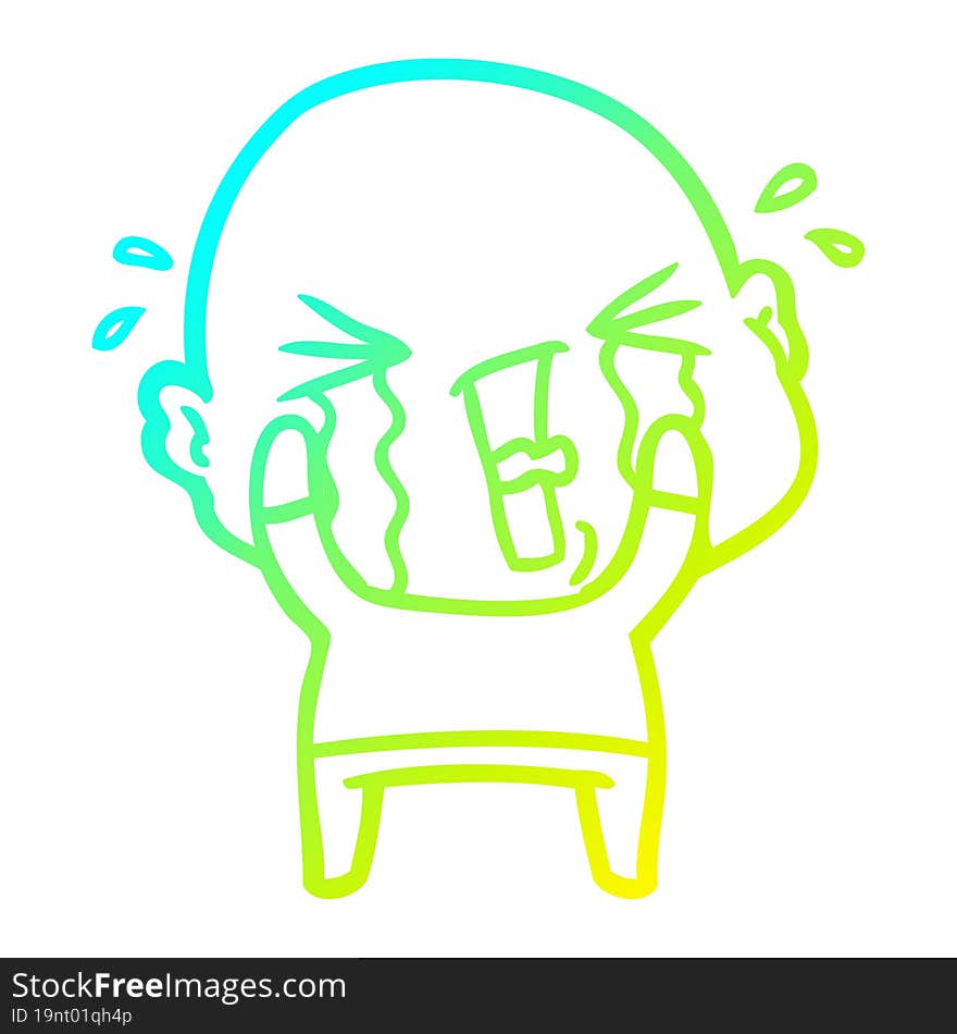 cold gradient line drawing cartoon crying bald man