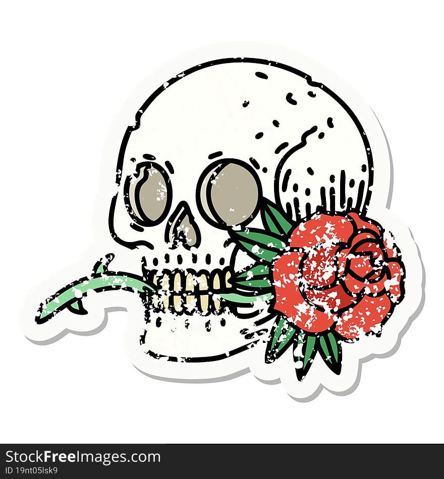 distressed sticker tattoo in traditional style of a skull and rose. distressed sticker tattoo in traditional style of a skull and rose