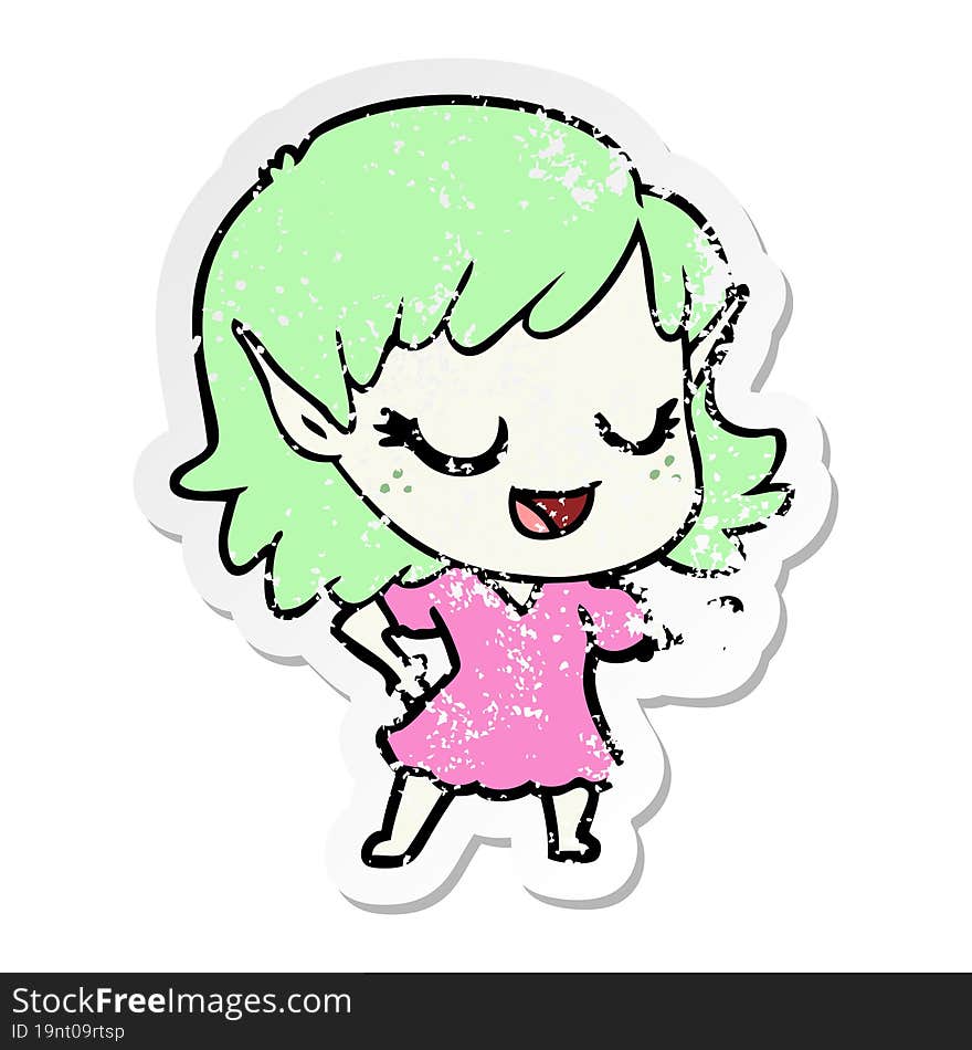 distressed sticker of a happy cartoon elf girl