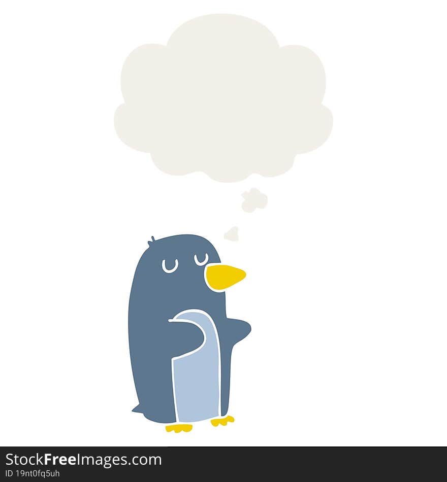 cartoon penguin and thought bubble in retro style