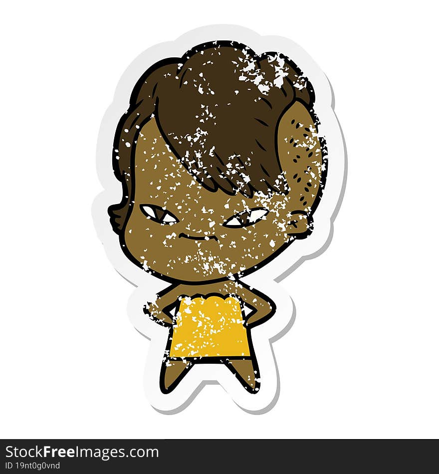 Distressed Sticker Of A Cute Cartoon Girl With Hipster Haircut