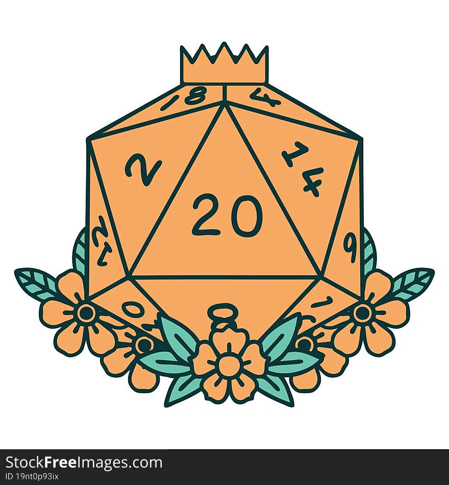 Natural 20 D20 Dice Roll With Floral Elements Illustration