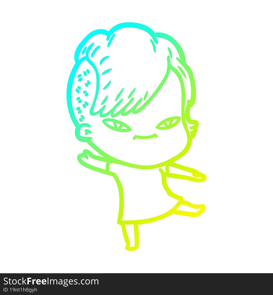 cold gradient line drawing cute cartoon girl with hipster haircut