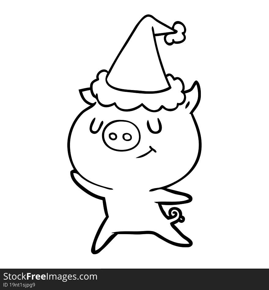 happy line drawing of a pig wearing santa hat