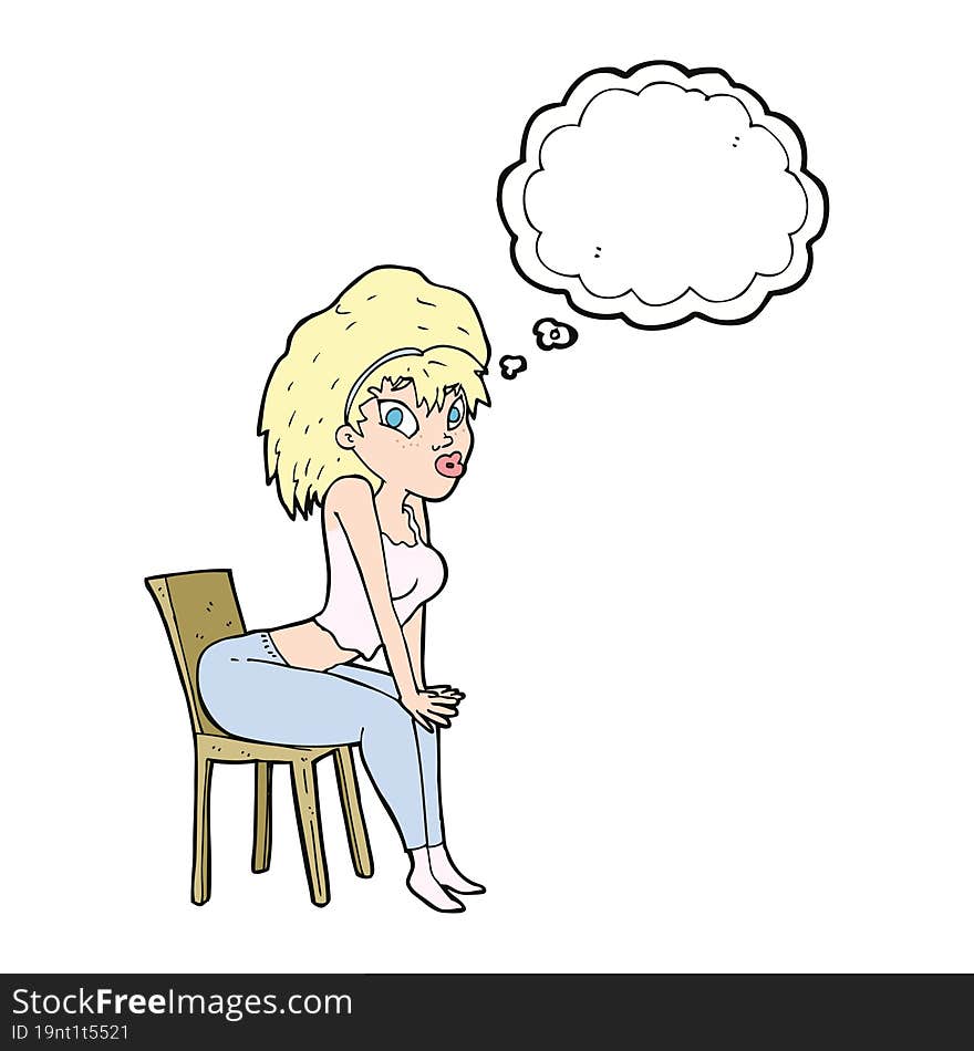 cartoon woman posing on chair with thought bubble