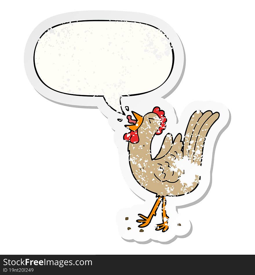 Cartoon Crowing Cockerel And Speech Bubble Distressed Sticker