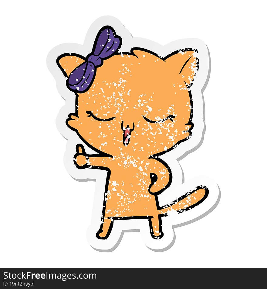 distressed sticker of a cartoon cat with bow on head