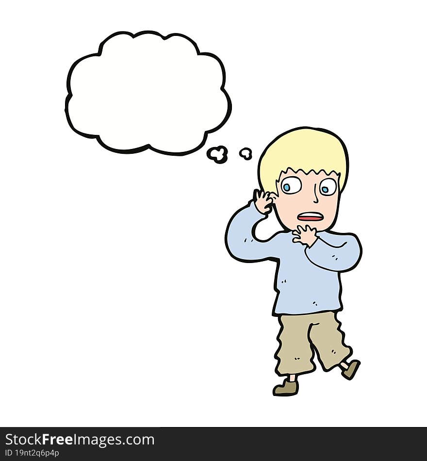 cartoon frightened boy with thought bubble