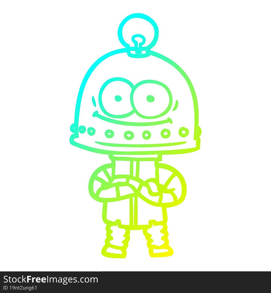 cold gradient line drawing of a happy carton robot with light bulb