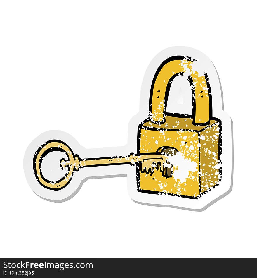 retro distressed sticker of a cartoon padlock and key