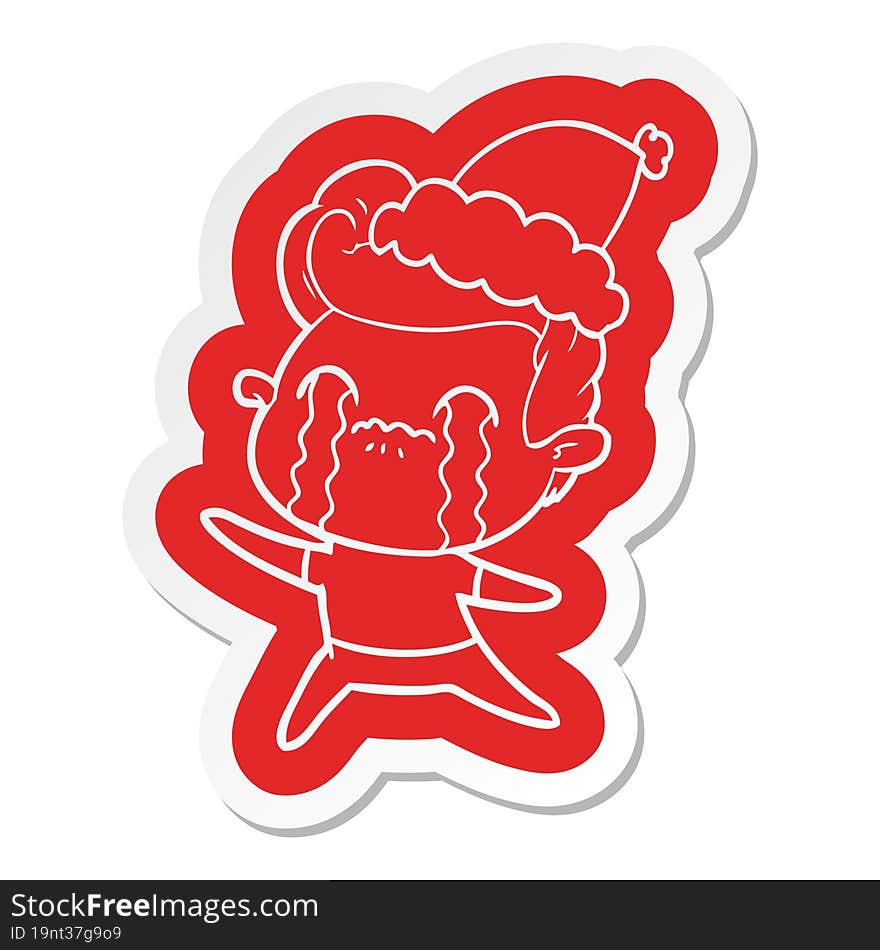 Cartoon  Sticker Of A Man Crying Wearing Santa Hat