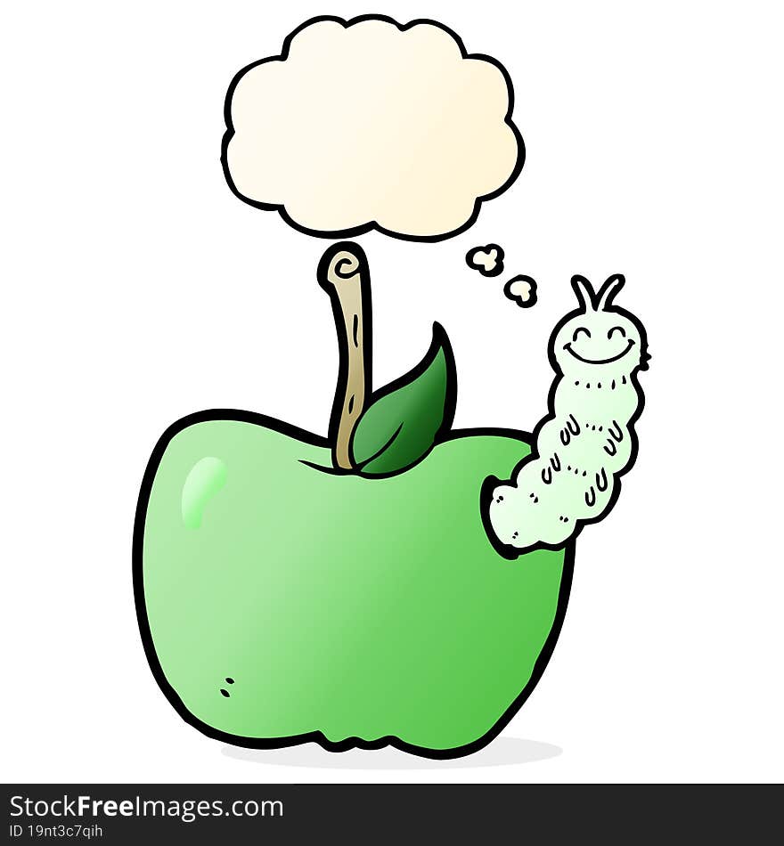 cartoon apple with bug with thought bubble