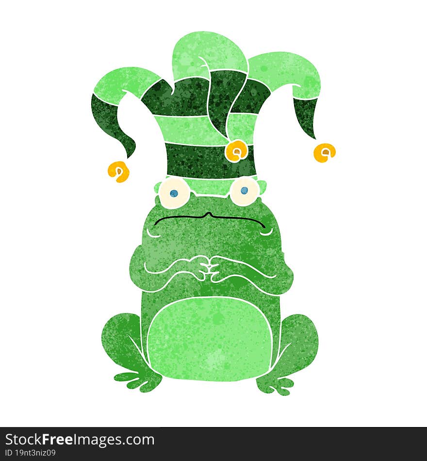 retro cartoon nervous frog wearing jester hat