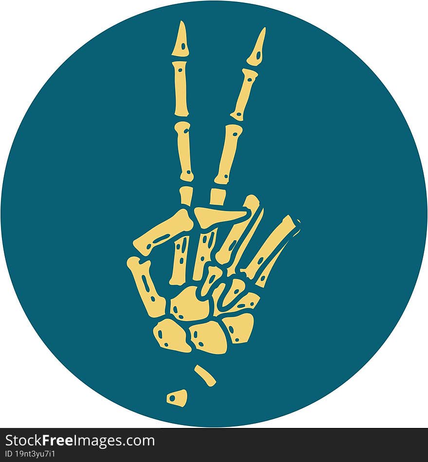 tattoo style icon of a skeleton hand giving a peace sign