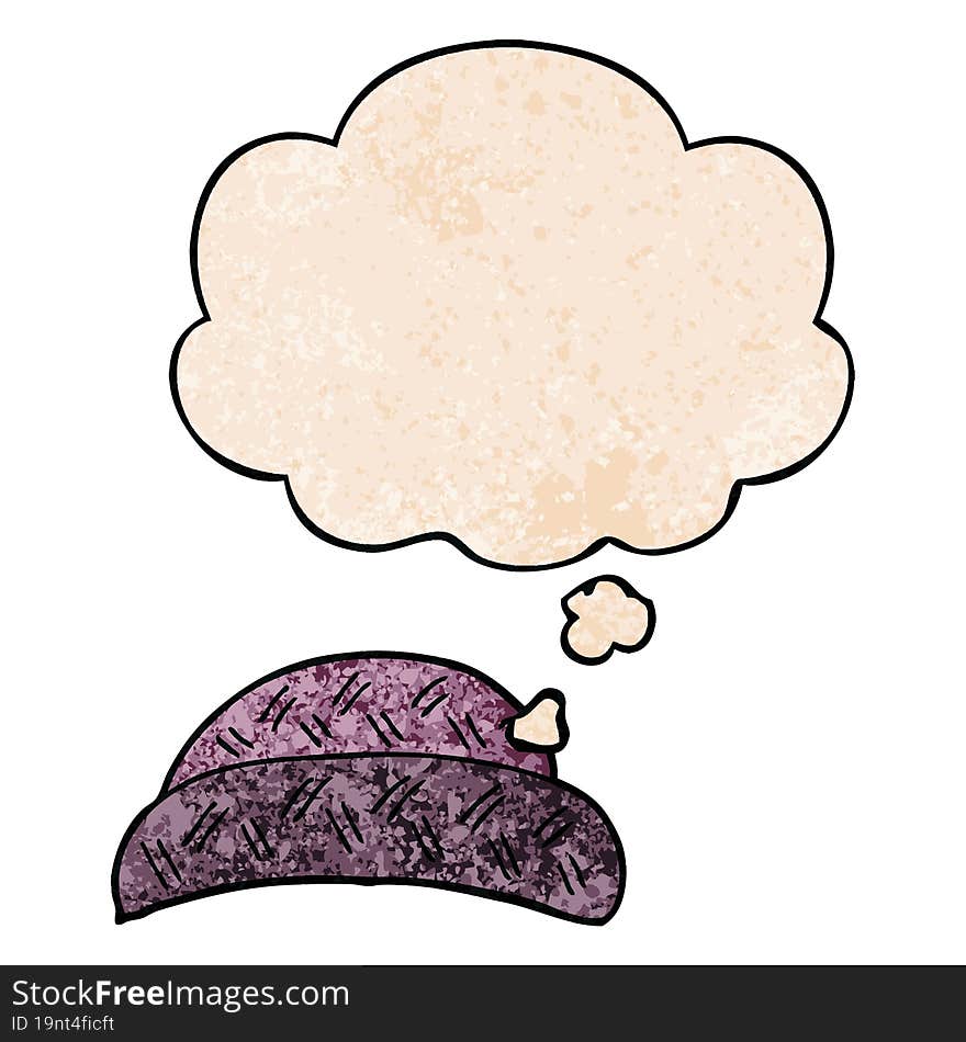 Cartoon Hat And Thought Bubble In Grunge Texture Pattern Style