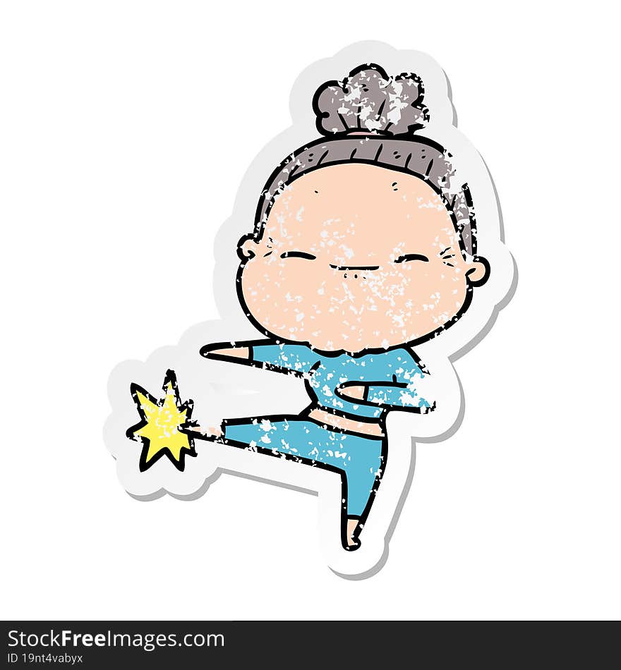 distressed sticker of a cartoon peaceful old woman