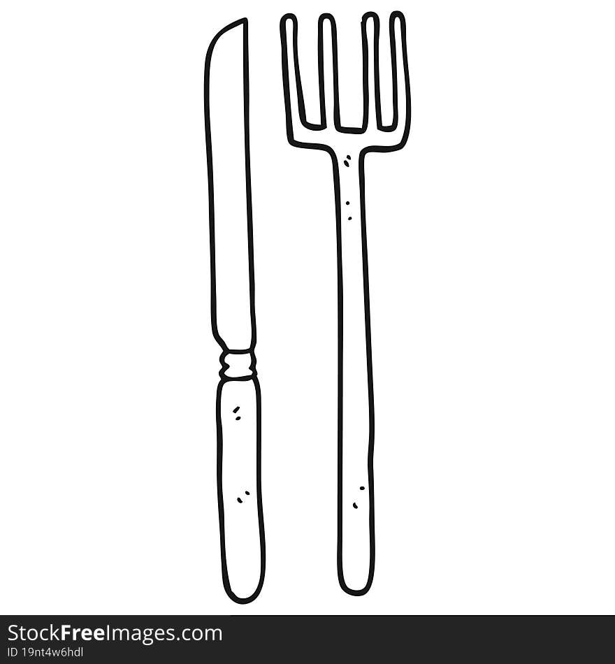 freehand drawn black and white cartoon knife and fork