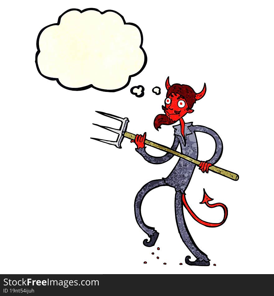 cartoon devil with pitchfork with thought bubble