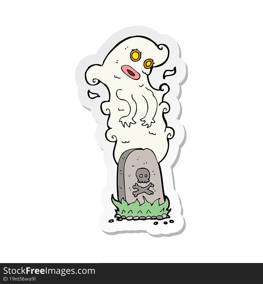 sticker of a cartoon ghost rising from grave