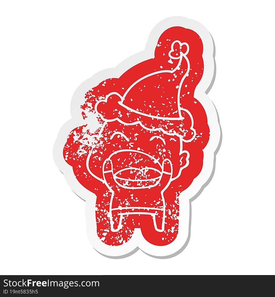 Cartoon Distressed Sticker Of A Shouting Bald Man Wearing Santa Hat