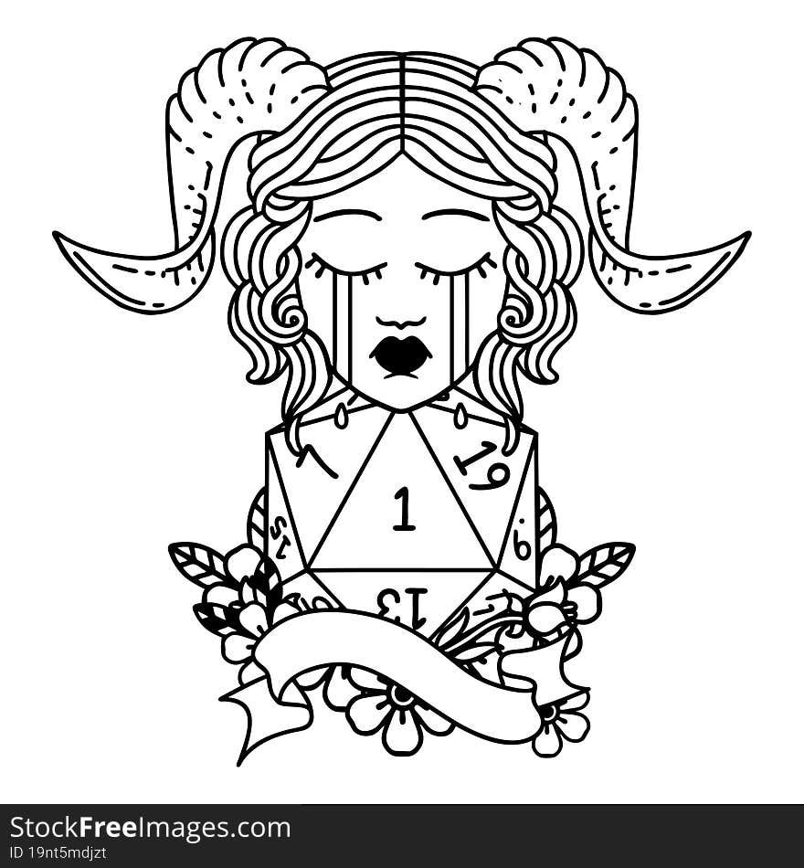 Black and White Tattoo linework Style crying tiefling with natural one D20 roll. Black and White Tattoo linework Style crying tiefling with natural one D20 roll