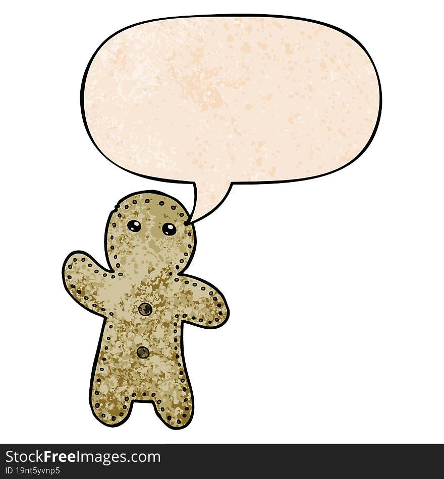 cartoon gingerbread man and speech bubble in retro texture style