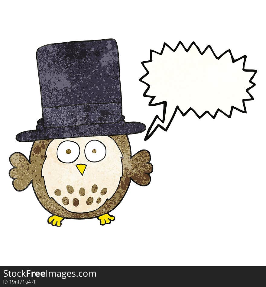 Speech Bubble Textured Cartoon Owl Wearing Top Hat