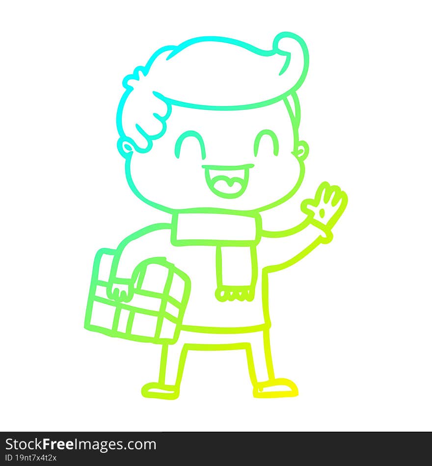 cold gradient line drawing of a cartoon laughing man holding gift