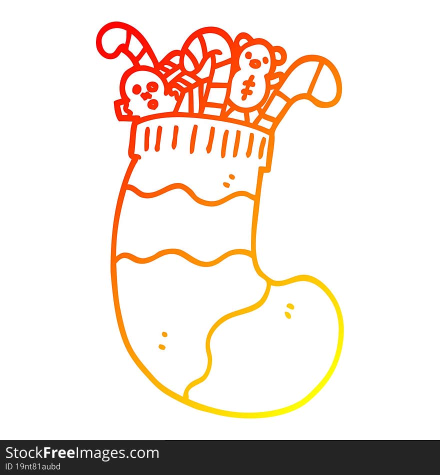 warm gradient line drawing of a cartoon christmas stocking full of toys