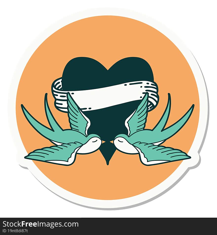 sticker of tattoo in traditional style of swallows and a heart with banner. sticker of tattoo in traditional style of swallows and a heart with banner