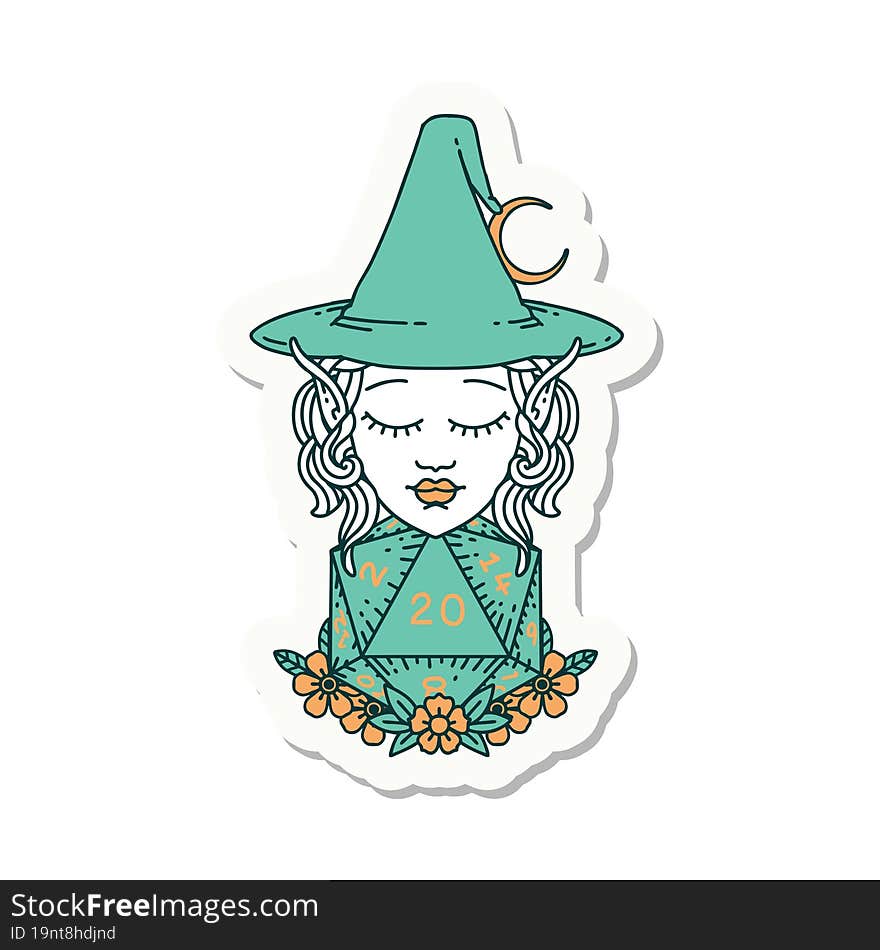 elf mage character with natural twenty dice roll sticker