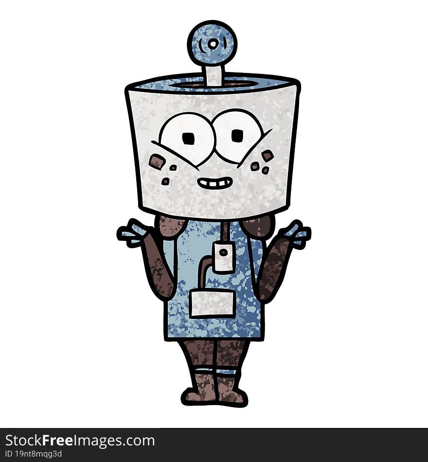 happy cartoon robot shrugging shoulders. happy cartoon robot shrugging shoulders