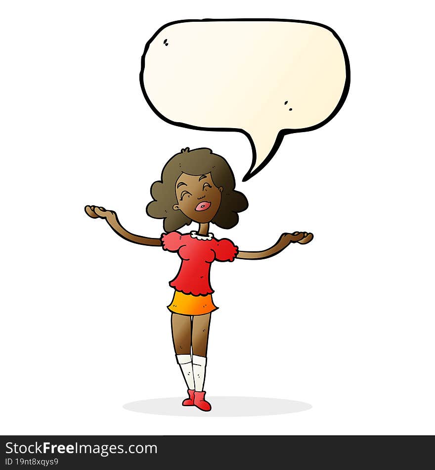 cartoon woman taking praise with speech bubble