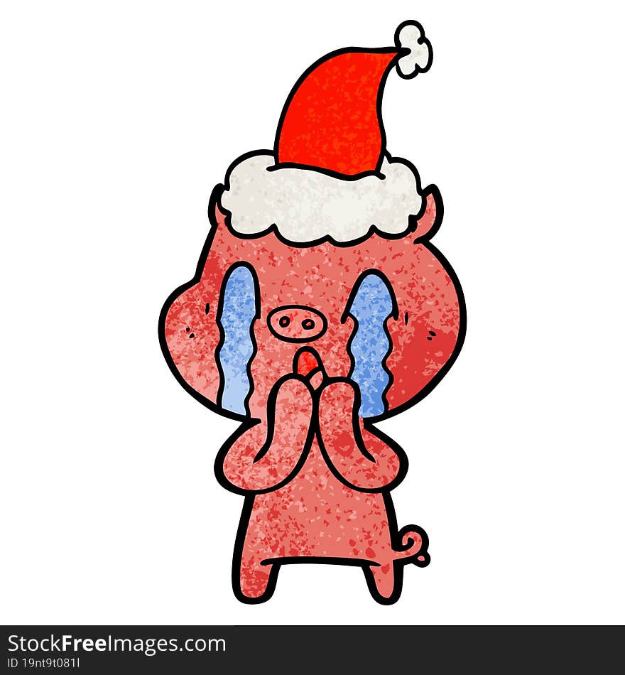 crying pig hand drawn textured cartoon of a wearing santa hat. crying pig hand drawn textured cartoon of a wearing santa hat