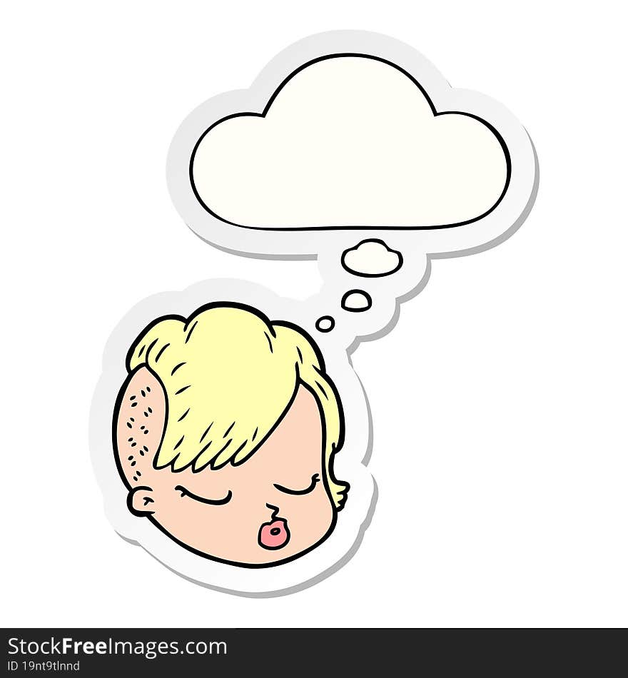 cartoon female face and thought bubble as a printed sticker