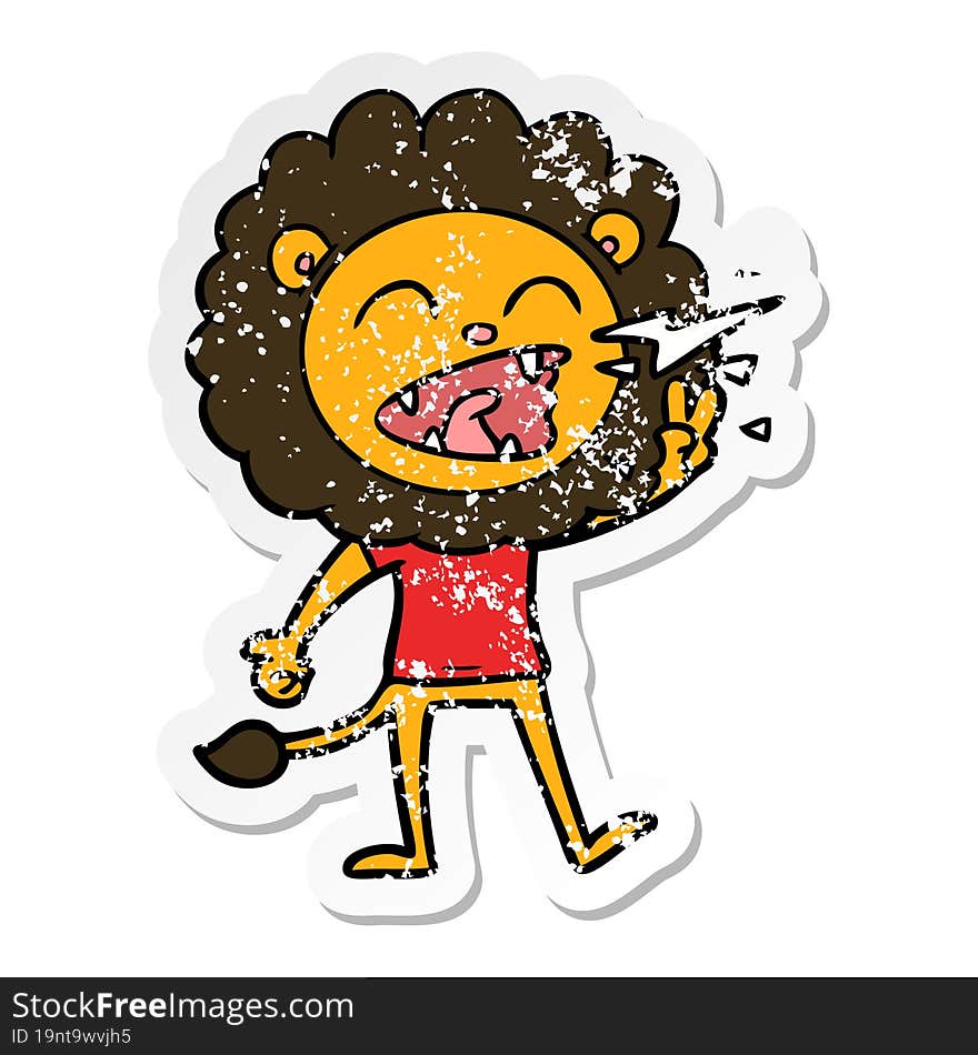 distressed sticker of a cartoon roaring lion