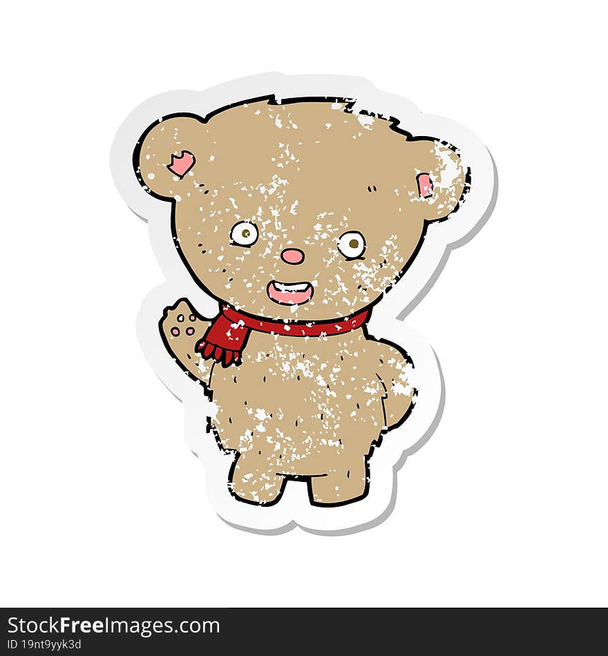 retro distressed sticker of a cartoon teddy bear waving