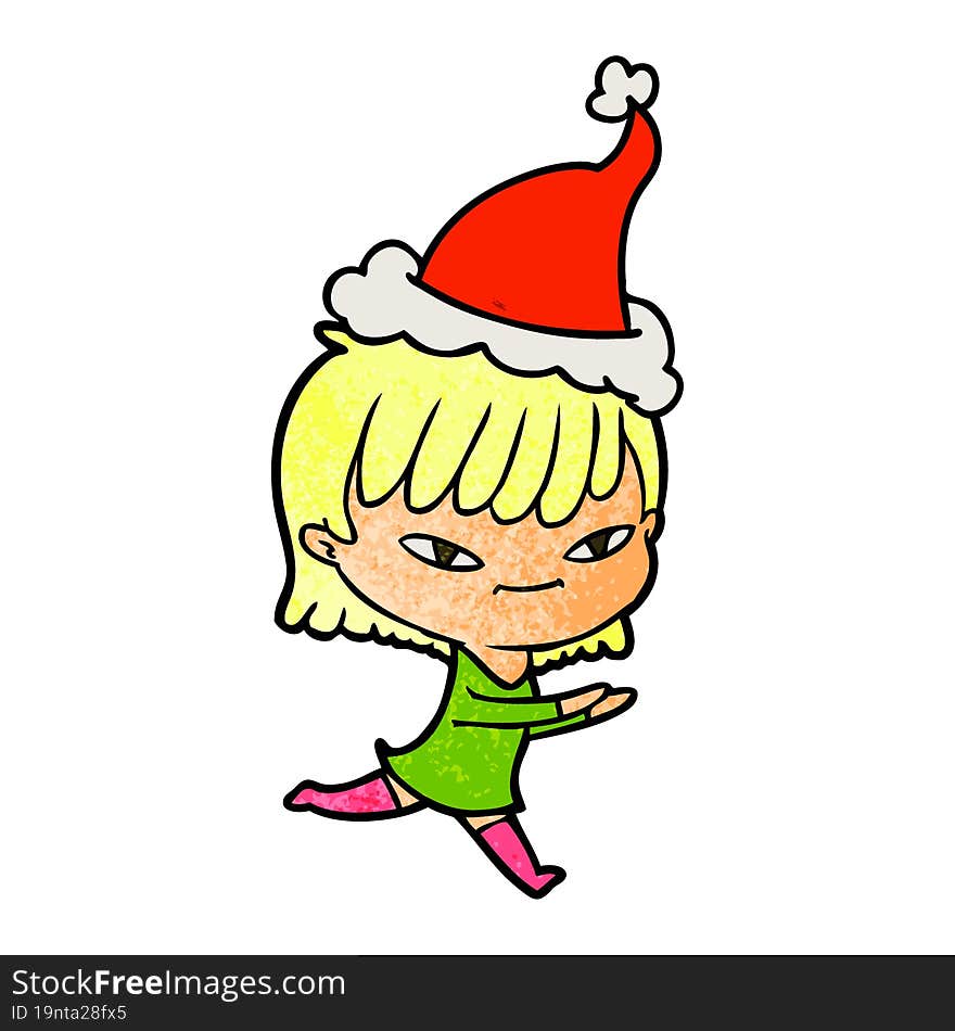 textured cartoon of a woman wearing santa hat