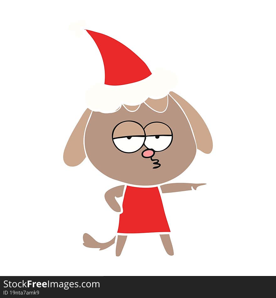 flat color illustration of a bored dog wearing santa hat