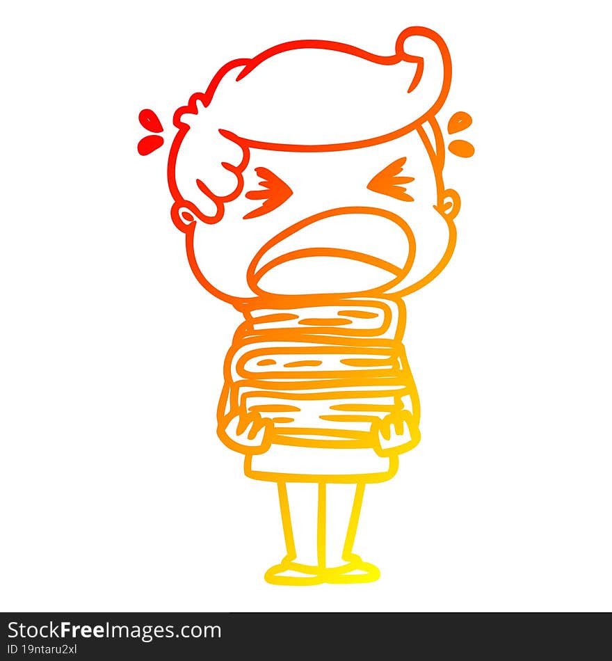 warm gradient line drawing cartoon shouting man with stack of books