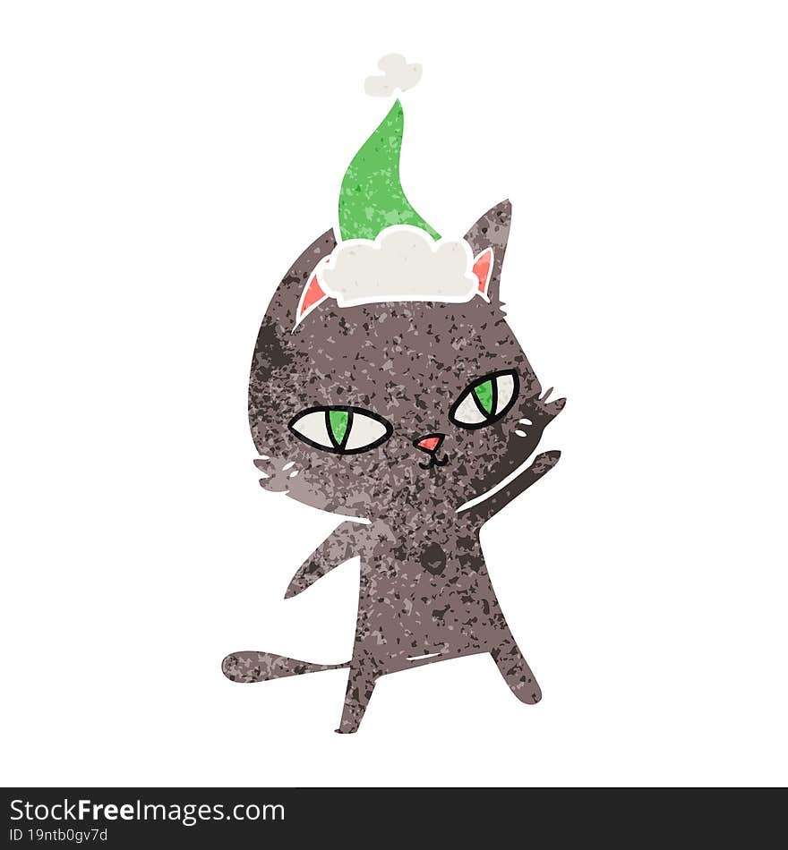 hand drawn retro cartoon of a cat staring wearing santa hat