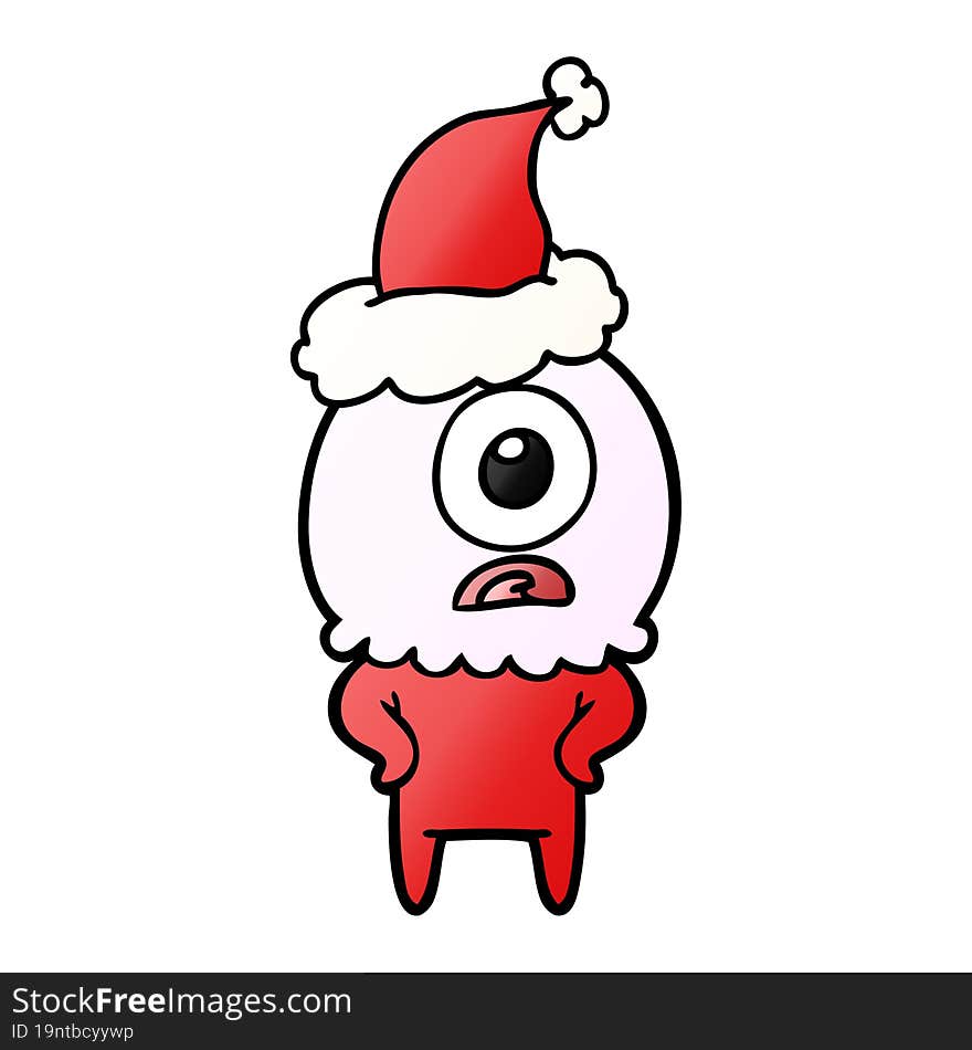 hand drawn gradient cartoon of a cyclops alien spaceman wearing santa hat