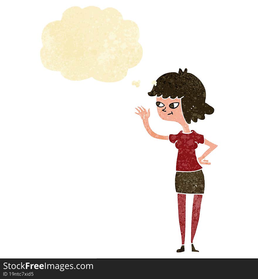 cartoon friendly girl waving with thought bubble