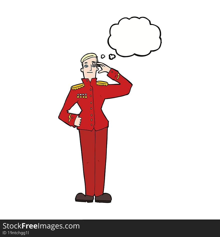 cartoon military man in dress uniform with thought bubble