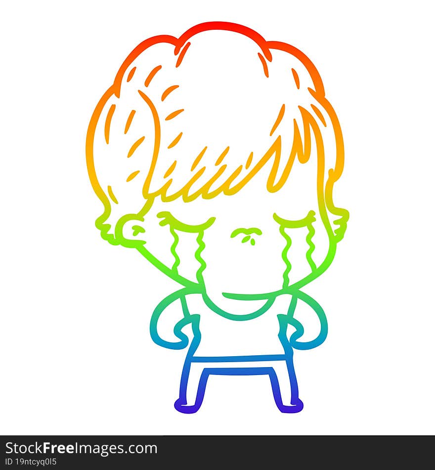 Rainbow Gradient Line Drawing Cartoon Woman Crying