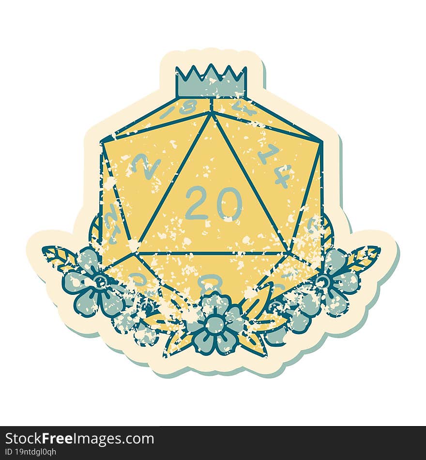 Natural 20 D20 Dice Roll With Floral Elements Illustration