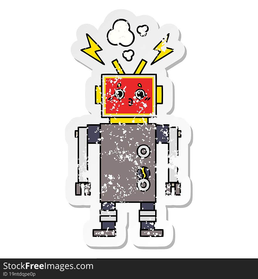 distressed sticker of a cute cartoon robot malfunction